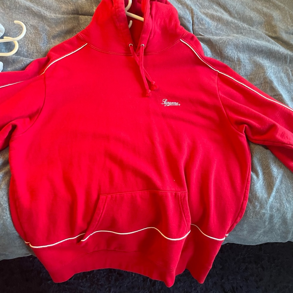 Supreme NY Red White Piping Script Logo Hoodie